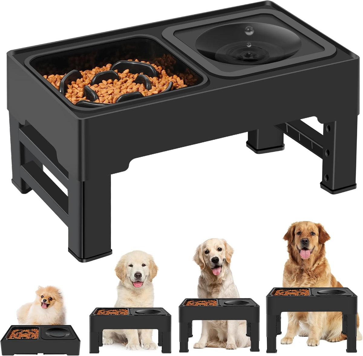 2-in-1 Elevated Dog Bowls, No Spill Water Bowl - Slow Feeder
