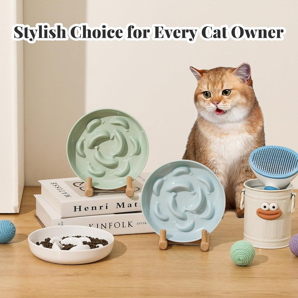 Melamine Slow Feeder Cat Bowls, Dishwasher Safe - Green / 2"H - image 3