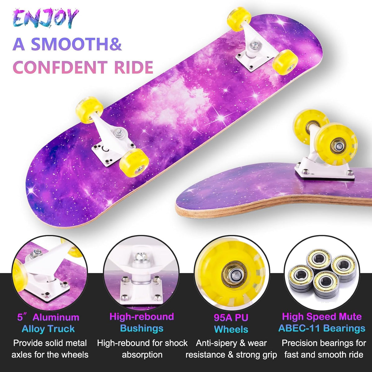 Skateboard,31 x 8 Inch Complete Skateboard, 8-Layer Maple Wood Deck Double Kick Standard - SKY-ZS - image 2