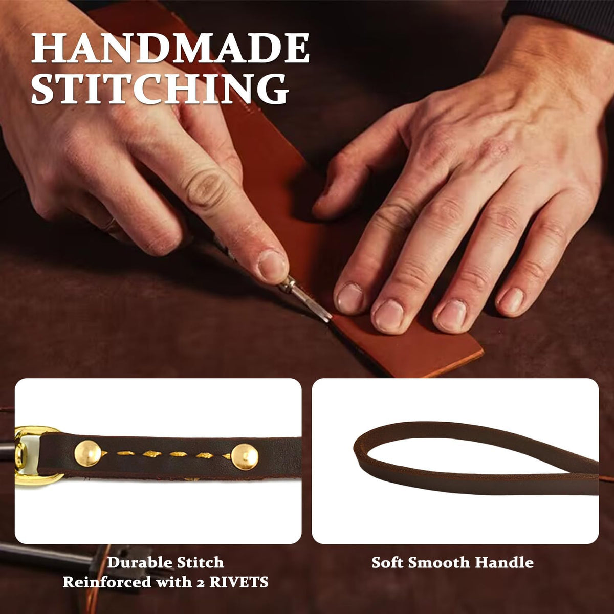 Genuine leather dog leash 6 ft by 1/2 inch with rotating copper hook and soft handle - view 2