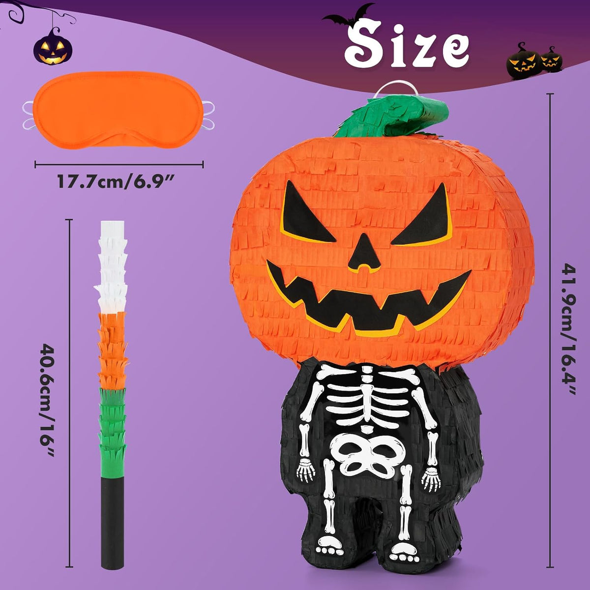 WERNNSAI Halloween skull pumpkin piñata in orange and black with spooky face - view 20