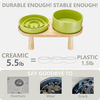 Ceramic Slow Feeder and Water Bowl Set for Small Dogs, Ceramic Dog Bowls Elevated with Wooden Stand, 0.6 Cups Dog Slow Feeder(14oz) and 30oz Water Bowl Set, Green