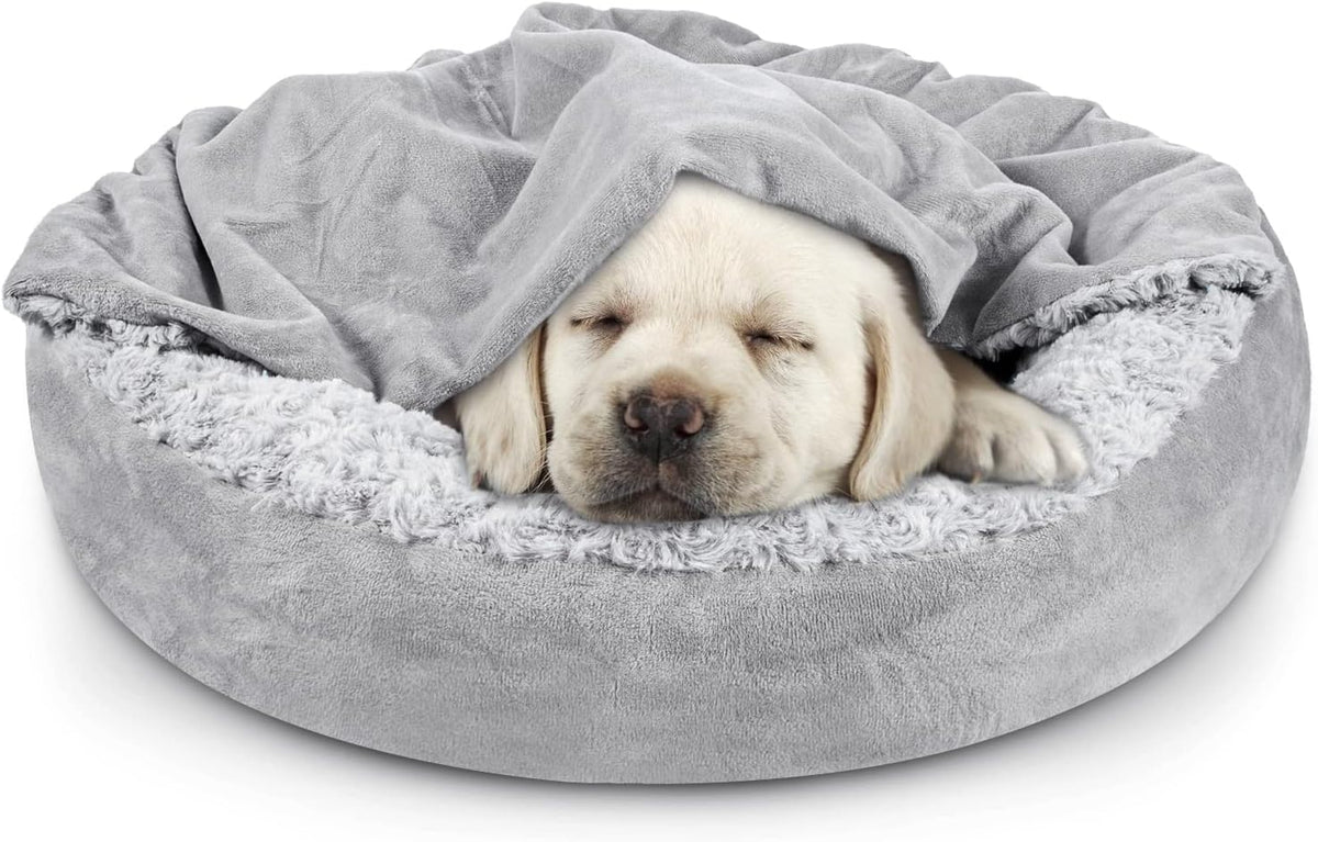 JOEJOY Small Dog Bed Cat Bed with Hooded Blanket - S(23" x 23" x 7") / Grey