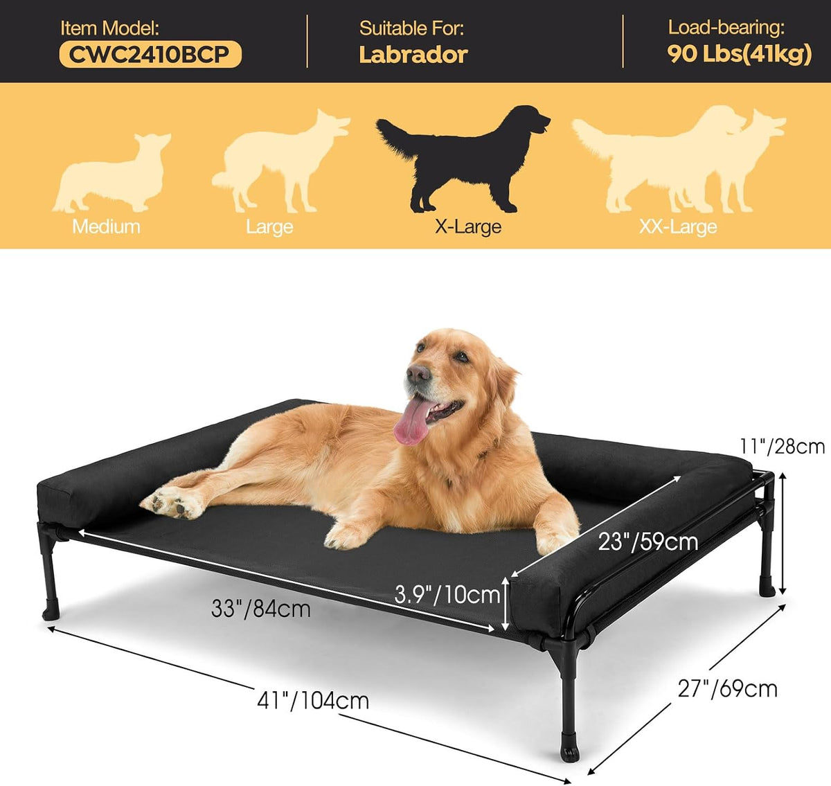 Veehoo Outdoor Elevated Dog Bed-Cooling Raised Dog Cot for Large - Black / 41.0"L x 27.0"W x 13.0"Th - image 2