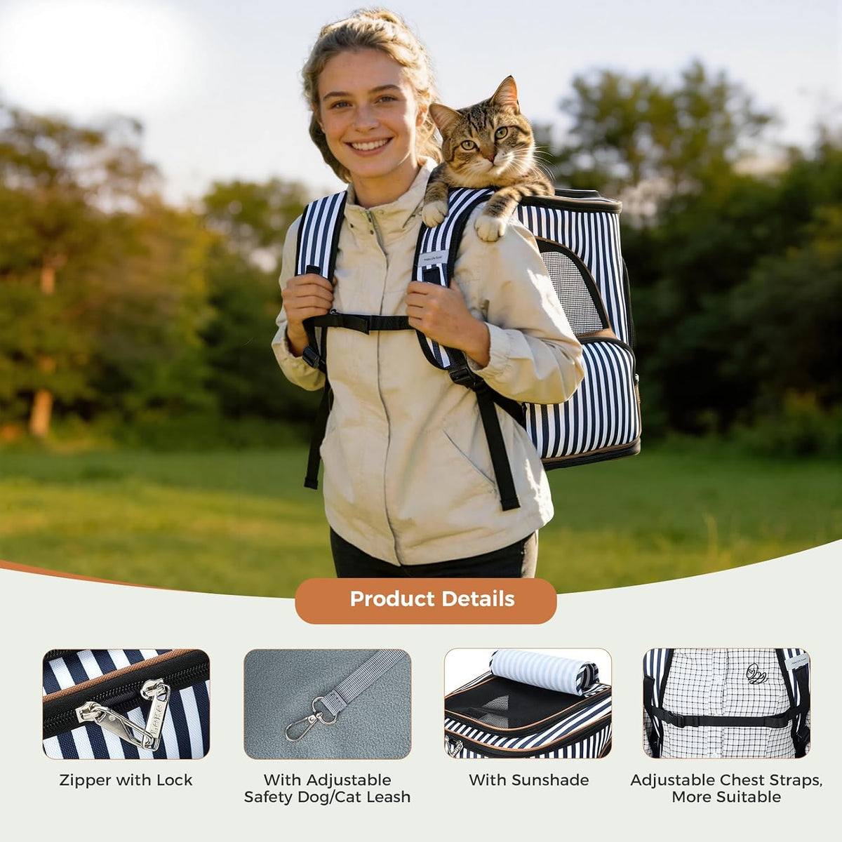 Lekereise Cat Backpack Expandable Pet Carrier Backpack for Small Cats - Stripes / L-Mesh Window - image 2