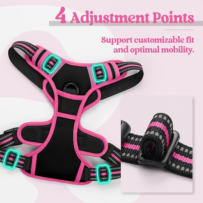 rabbitgoo Dog Harness No Pull with 2 Leash Clips, Adjustable Soft Padded, Reflective Oxford No Choke Pet Vest with Easy Control Handle for Large Dogs, Black & Hot Pink, XL