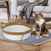 Stimulicat handwoven round cotton rope cat basket with cat ear handle and teaser ball - view 2