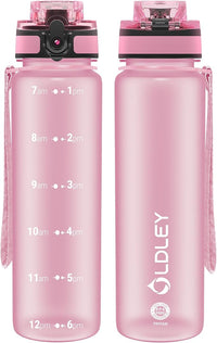 OLDLEY 32 oz Water Bottle, Motivational Water Bottle with Time Marker, Sports Water Bottle With Strap, Leakproof & BPA Free Large Water Bottles for School, Gym, Travel, Outdoor, Tritan,Pink
