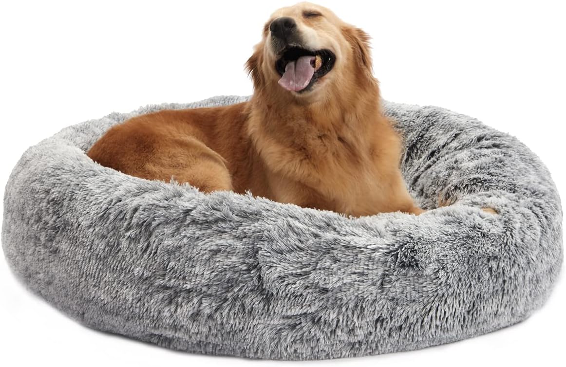 Calming Fluffy Donut Dog Bed for Large Dogs, 36" Round - 36.0"L x 36.0"W x 8.0"Th / Dark Grey