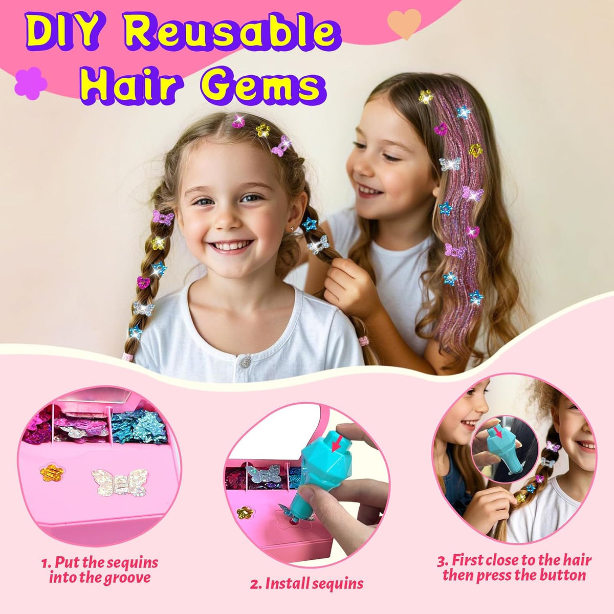 AOSITE hair bedazzler gem stamper kit with glitter pieces, wig pieces, mirror and box - view 7