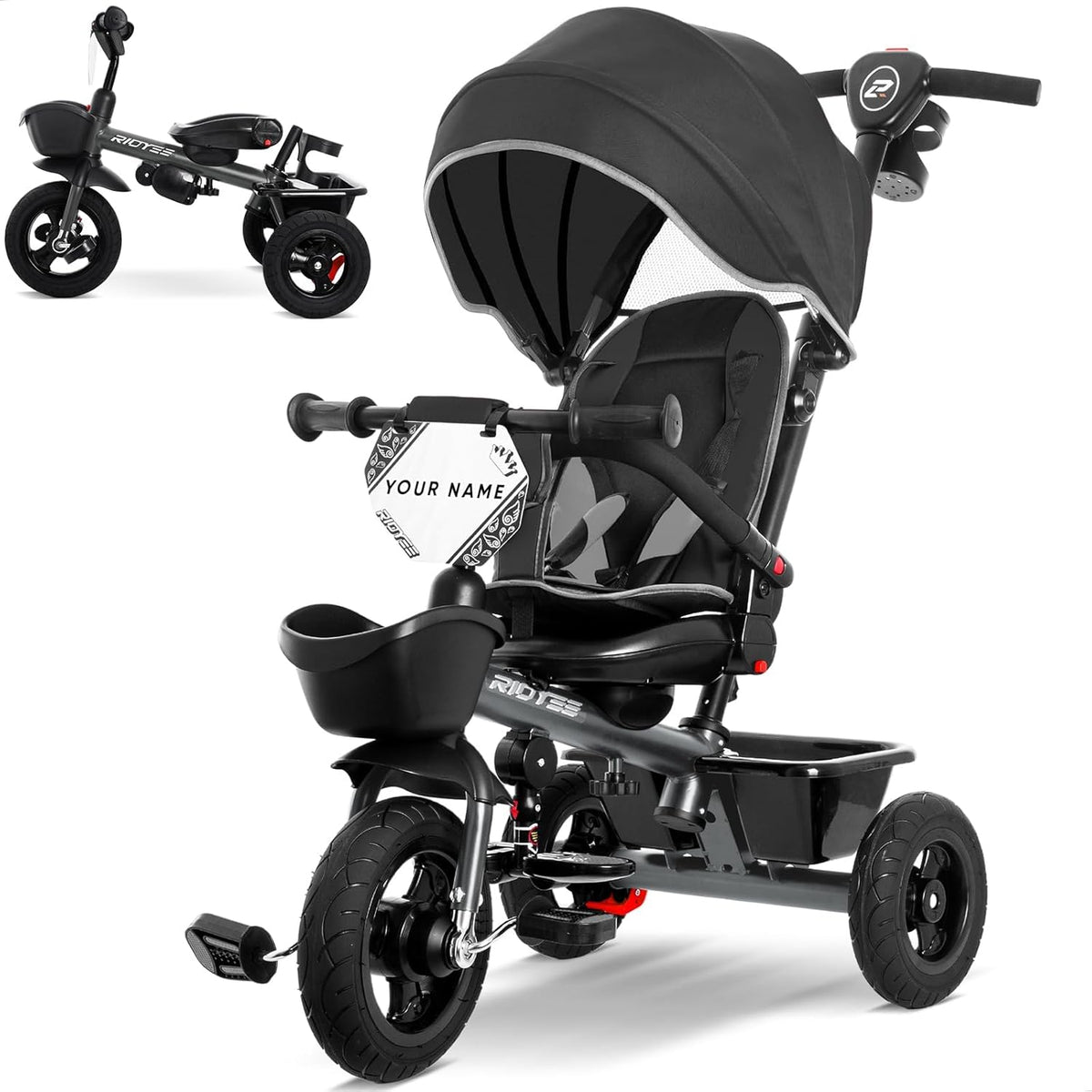 RIDYEE 7-in-1 toddler tricycle with push handle, canopy and rubber tires