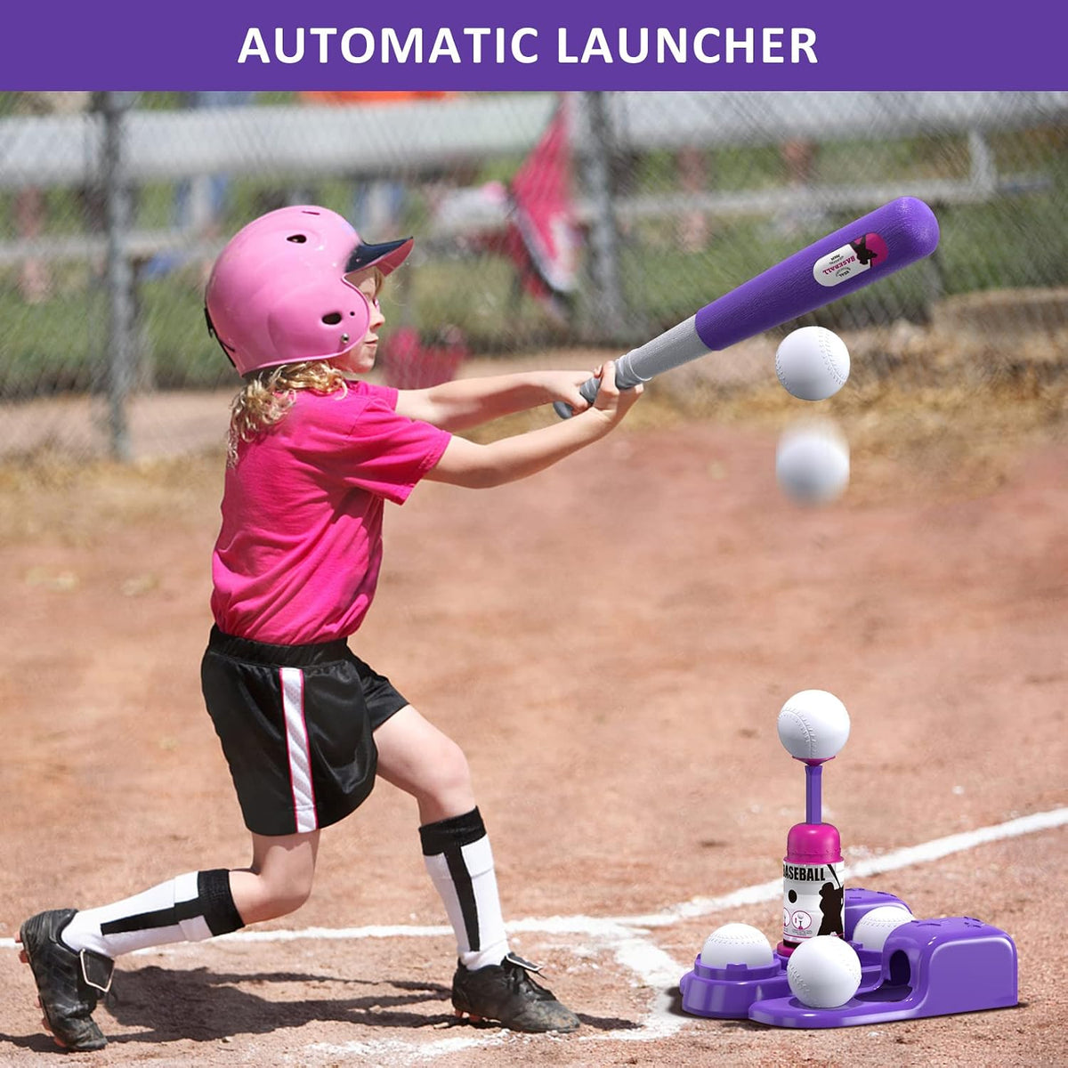 QDRAGON 2 in 1 T Ball Sets for kids Automatic Pitching Machine – Fun for Kids & Family - Pink - image 3
