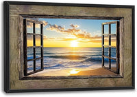 Beach Large Wall Art Sea Coastal Pictures Rustic Window Sunrise Wall Decor Canvas Print Painting Artwork for Bathroom Living Room Bedroom 36L" x 24W"