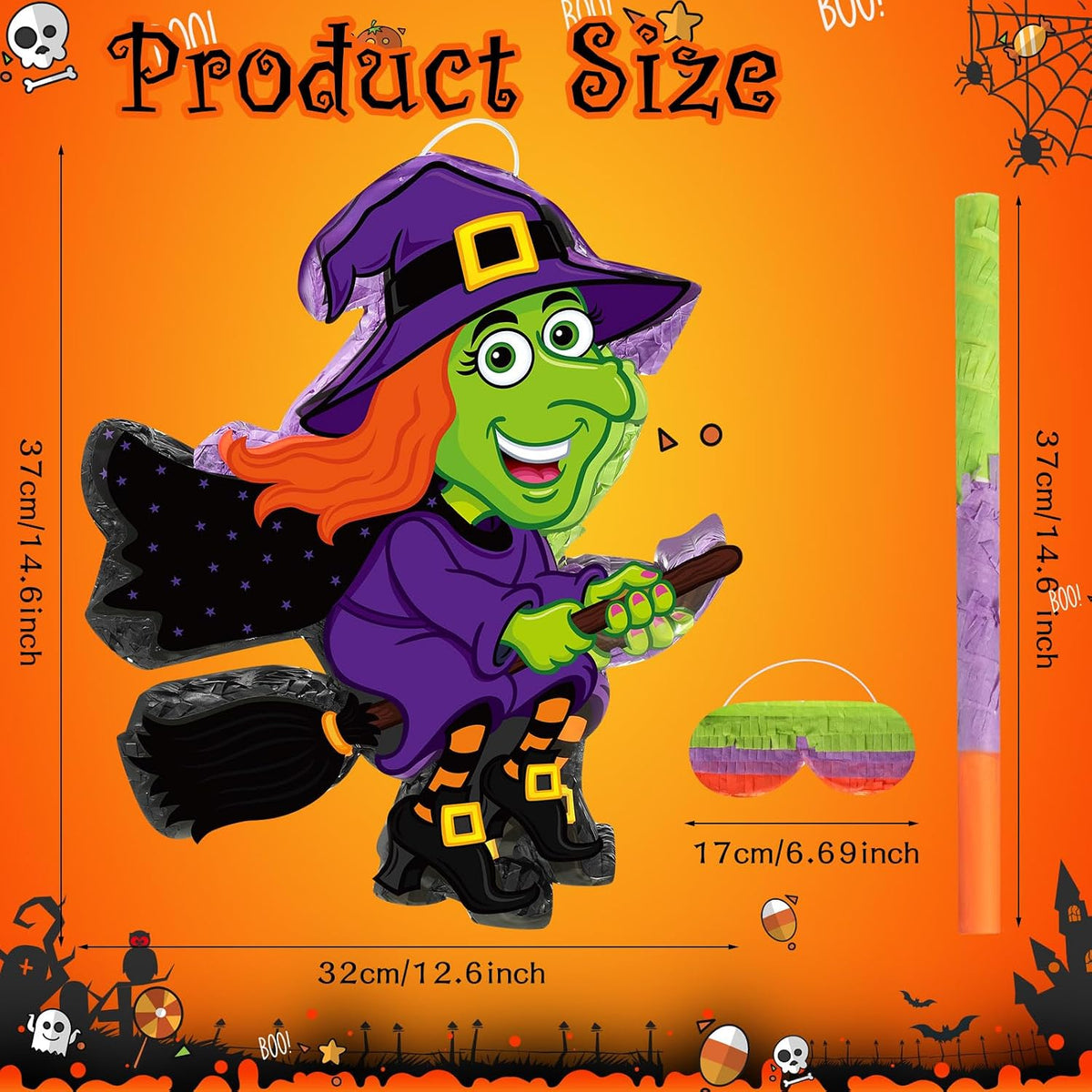 Aoriher Halloween skull piñata with bat stick, blindfold and square confetti - view 30