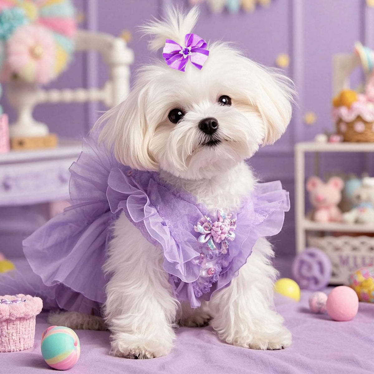 20PCS Cute Dog Hair Bows with Rubber Bands Handmade Mix Style - Purple / Lovely Pattern - image 4