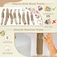 Modern Cat Tree Tower, Solid Wood Multi-Level w/ 2 Flower Perches, Scratching Post, Hanging Ball - Luxury Boho Cat Furniture w/Condo & Wicker Basket for Indoor Cats