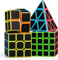 Speed Cube Set, ROXENDA 2x2 3x3 4x4 5x5 Skew Megaminx Pyramid Cube Bundle – Fun for Kids & Family - 4 Pack Carbon Fiber