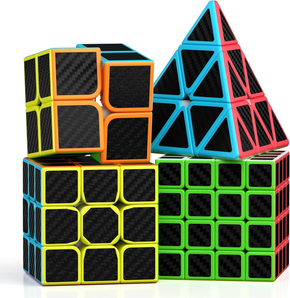 Speed Cube Set, ROXENDA 2x2 3x3 4x4 5x5 Skew Megaminx Pyramid Cube Bundle – Fun for Kids & Family - 4 Pack Carbon Fiber