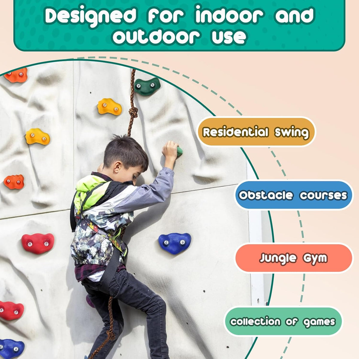 CMOOD 25 rock climbing holds for kids in 5 colors with knotted rope and bolts - view 4