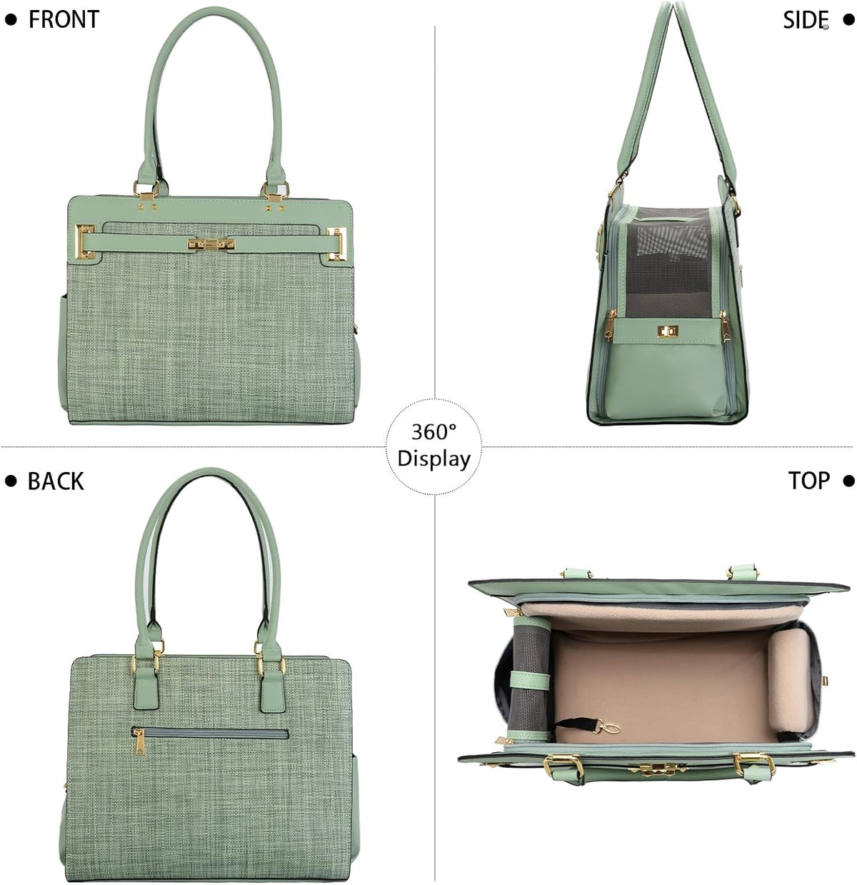 2-in-1 Stylish Dog Purse Carrier Travel Tote Bag for Small Dogs Cats - Green / 15" L x 7.5" W x 12.2" H - image 3