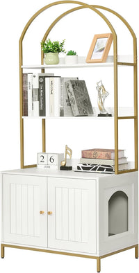 Cat Litter Box Enclosure with 2-Tier Shelves - White and Gold