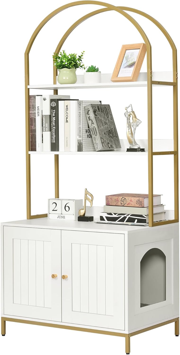 Cat Litter Box Enclosure with 2-Tier Shelves - White and Gold