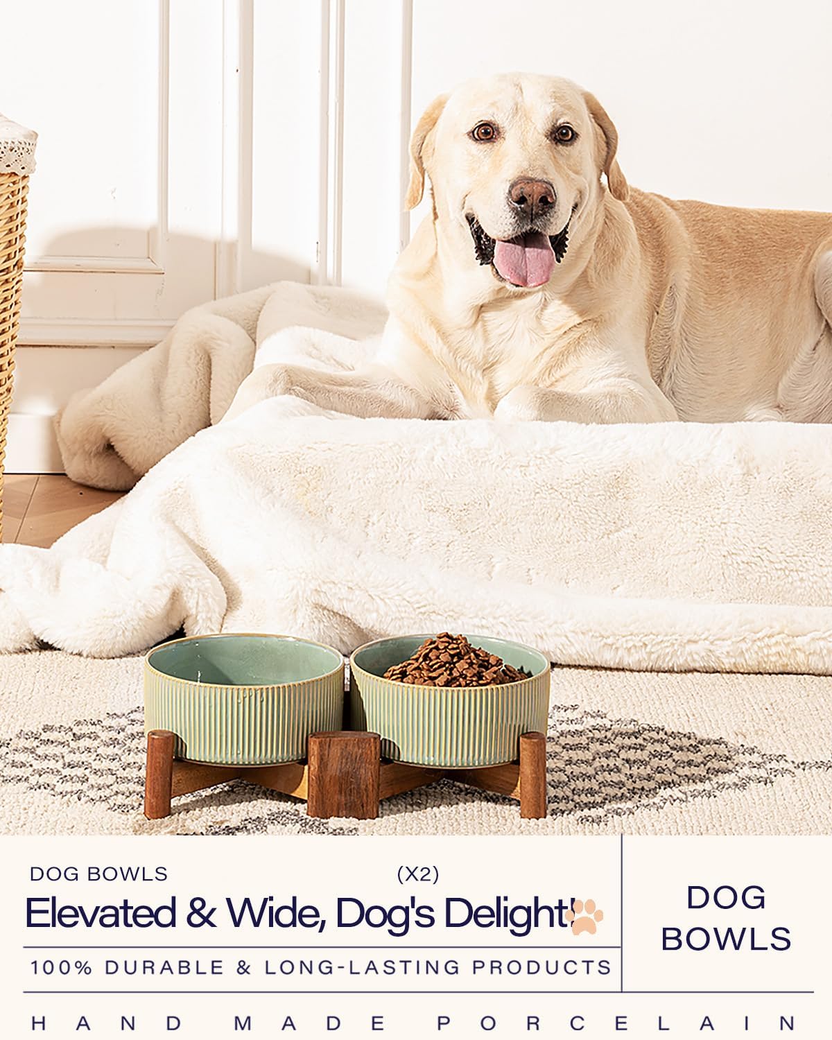 Ceramic Dog Bowls Set with Acacia Wood Stand - Large-3.5Cups / Vintage Grey - image 3