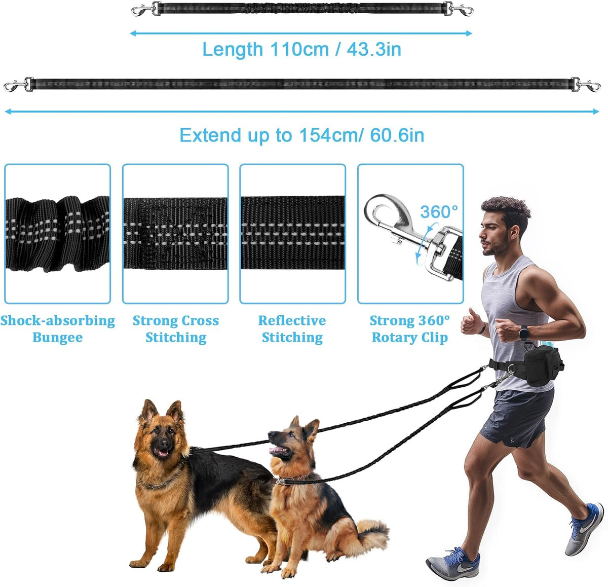 ETACCU Hands Free Dog Leash with Phone Pouch - 2 Dog Black - image 3