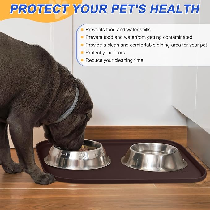 Silicone Pet Feeding Mat with Raised Edge for Food and Water, Dog Bowl Mats, Cat Bowls Placemat with High Lip for Floor Waterproof, Rubber Tray for Cats and Dogs 22 x 14 x0.8 Dark Brown