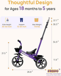 KRIDDO 2-in-1 Toddler Tricycle with Push Handle: Ages 18 Months to 5 - Purple - image 2