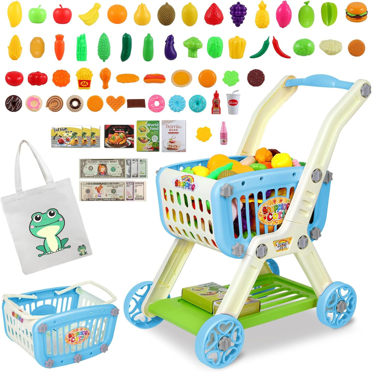 Ming You 2-in-1 Kids Shopping Cart Toy with Pretend Play Foods - Blue