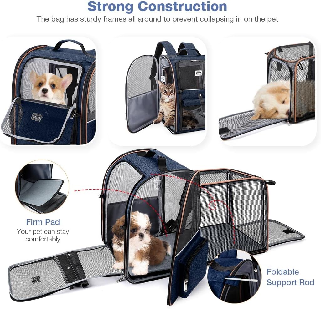 Cat Carrier Backpack, Expandable Pet Carrier with Sun Shade & Full Front Opening, Breathable Mesh - Blue / XL-Mesh Window - image 3