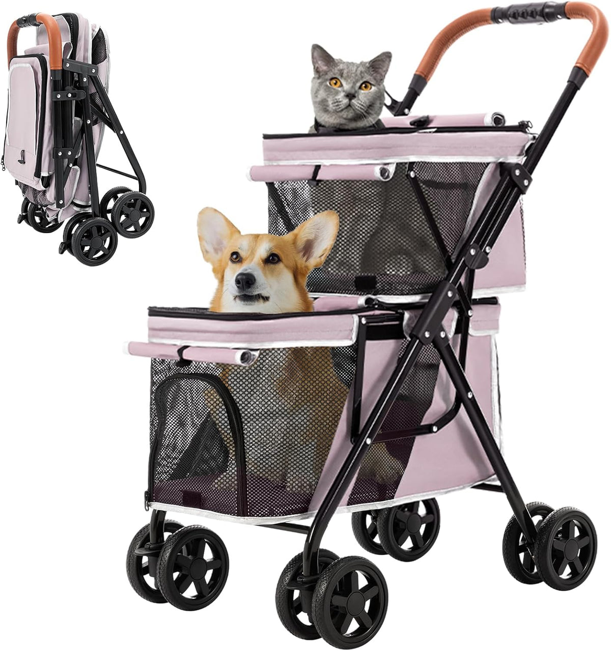 Double Pet Stroller for 2 Dogs & Cats, Double-Decker, Blue – Essentials for Dogs - Pink