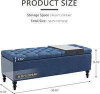 Ottoman with Storage,50.2-inch Upholstered End of Bed Storage Bench for Bedroom,for The Living Room,for Entryway, with Tray & Button and Safety Hinges,Detachable (Blue)
