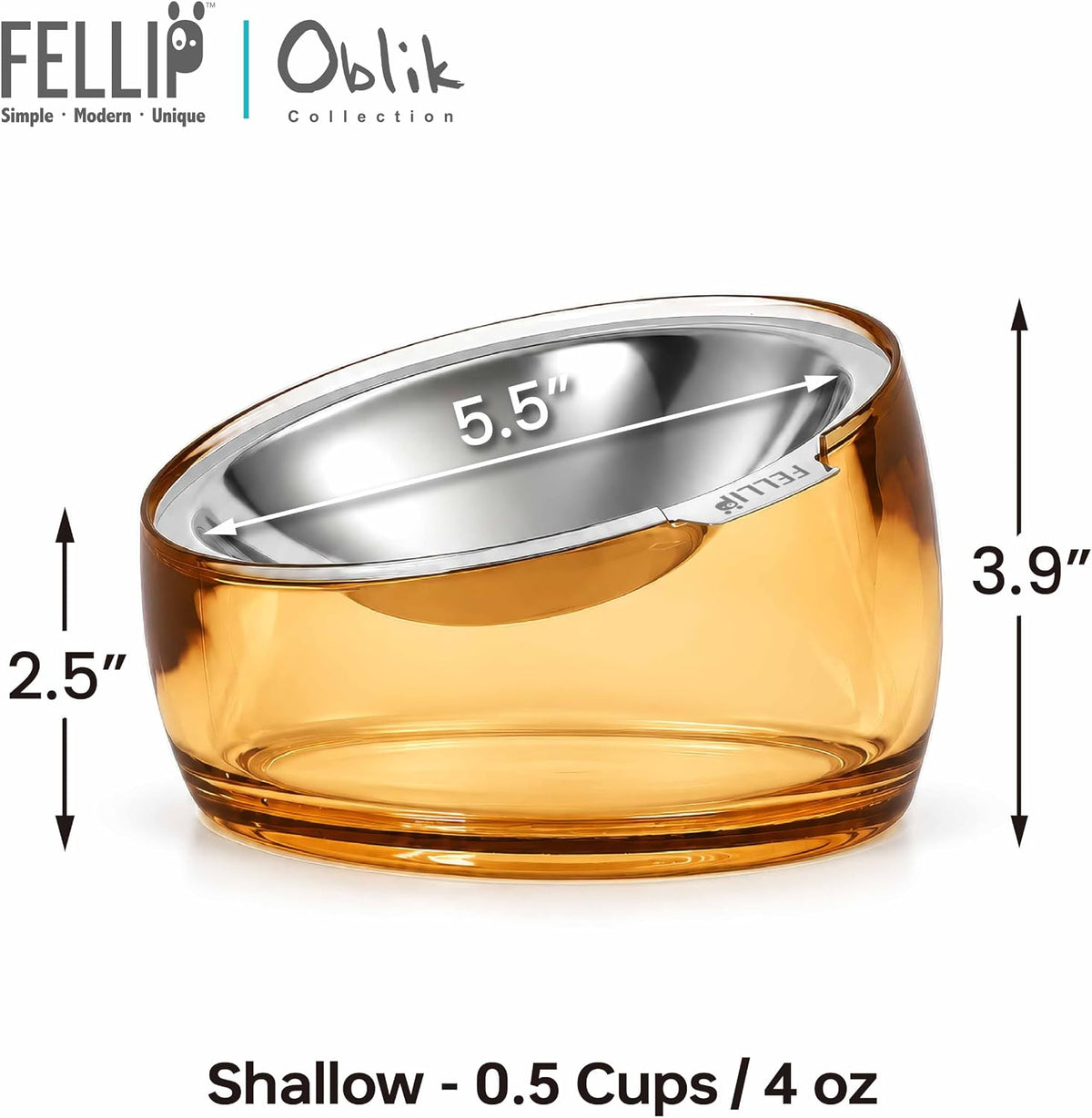 Felli Pet Oblik Acrylic Raised Dog Food Water Bowl Stainless Steel - Gold / 0.5 Cups Shallow Dish - image 2