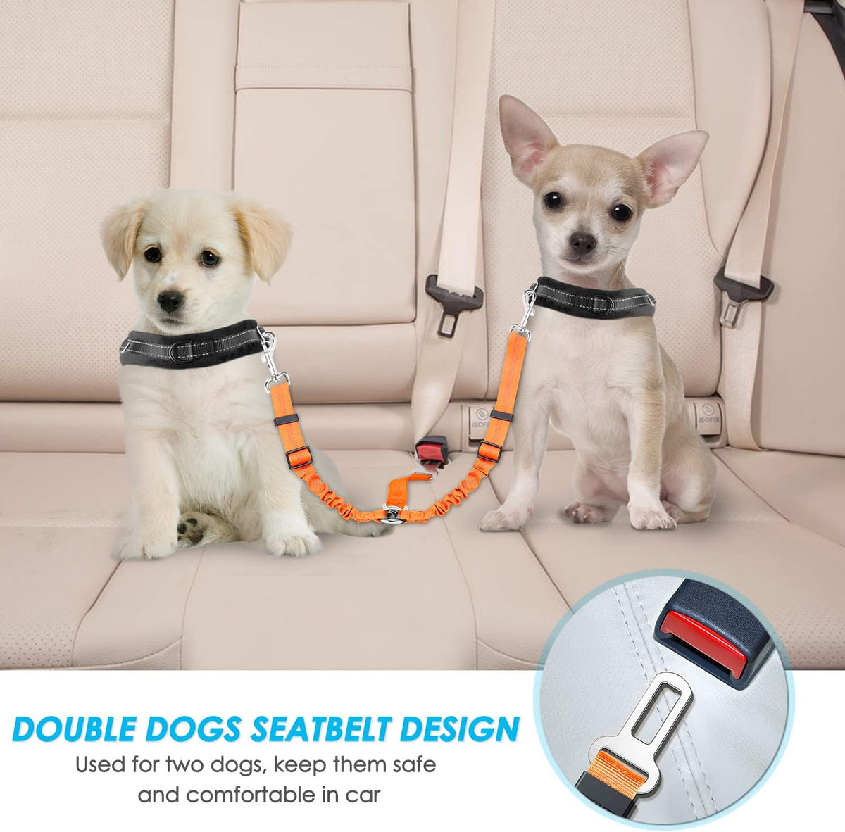 SlowTon Double Dog Seat Belt for Car with Elastic Bungee Buffer - J.Orange / 2 Small in 1 - image 2