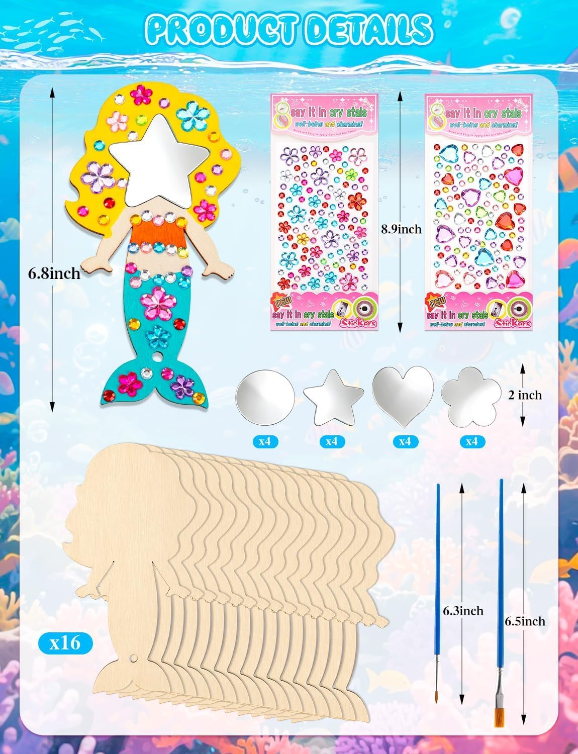 XJWWHZ wooden princess mirror craft kit, 12 DIY mirrors with gem stickers and brushes - view 3