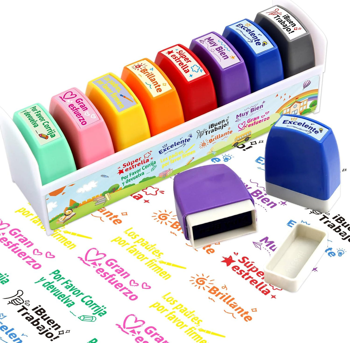 Fancy Land Spanish teacher stamps, set of 8 colorful stamps with motivational Spanish words - view 2