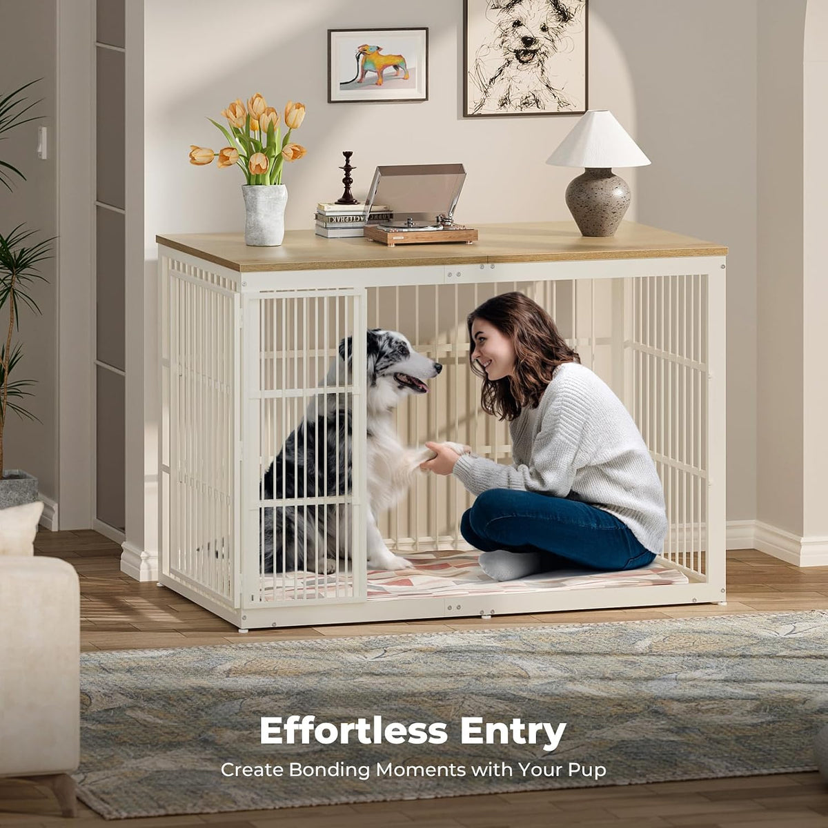 Lyromix 54" Dog Crate Furniture with Foldable Door - Natural Beech / 53.8"L x 31.9"W x 37.2"H - image 3