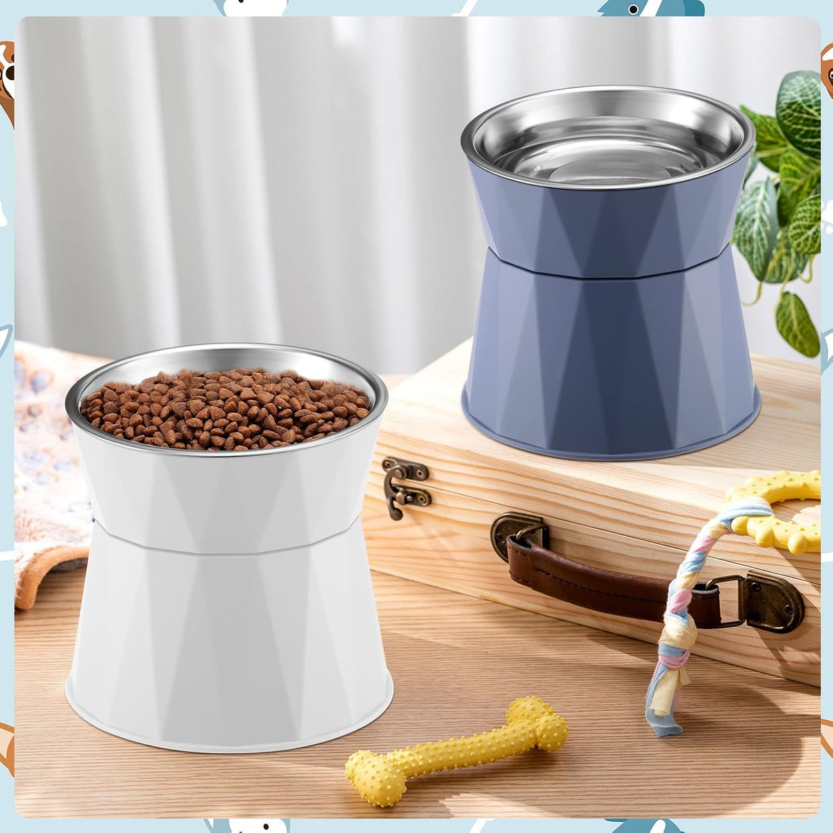 Lallisa 2 Pcs Elevated Cat Bowls, Adjustable Raised Feeder - Blue, White - image 3