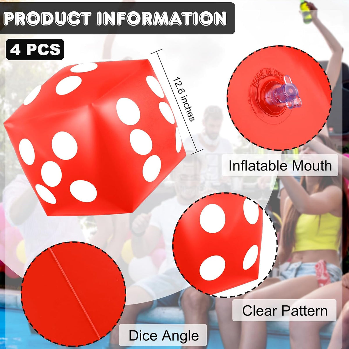 Mototo 4 pack jumbo inflatable dice in red, white, black and blue - view 6