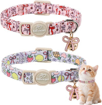 2 Pack Cute Cat Collars - Cartoon Bee Ladybug Breakaway Cat Collar with Bell & Matching Pendant - Fruit Bow