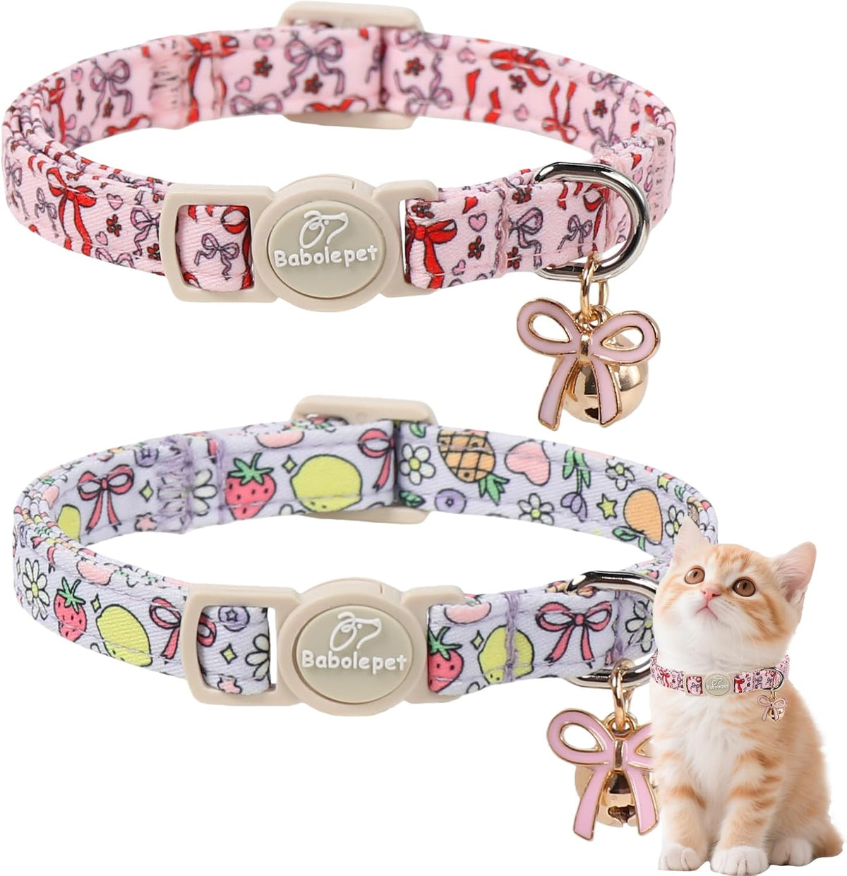 2 Pack Cute Cat Collars - Cartoon Bee Ladybug Breakaway Cat Collar with Bell & Matching Pendant - Fruit Bow