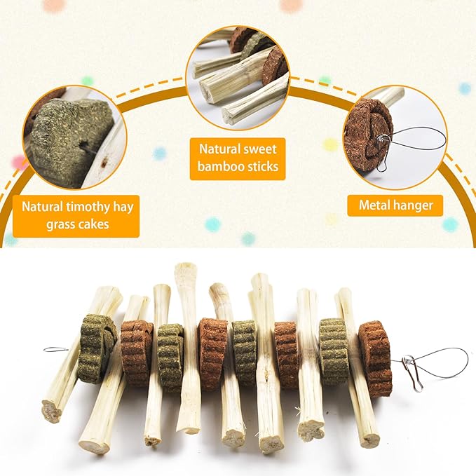 kathson 4 Pcs Bunny Chew Toys for Teeth,Rabbit Hanging Chew Toy Grinding Natural Sweet Bamboo Sticks with Timothy Hay Grass and Carrot Cake for Improve Rodent Small Animals Dental Health