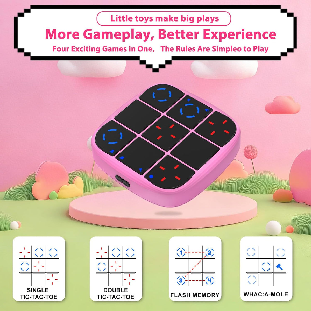 Tic-Tac-Toe Bolt Game, 4-in-1 Handheld Puzzle Games Console, Electronic Tic-Tac-Toe Game - Pink / L(Rechargeable) - image 2