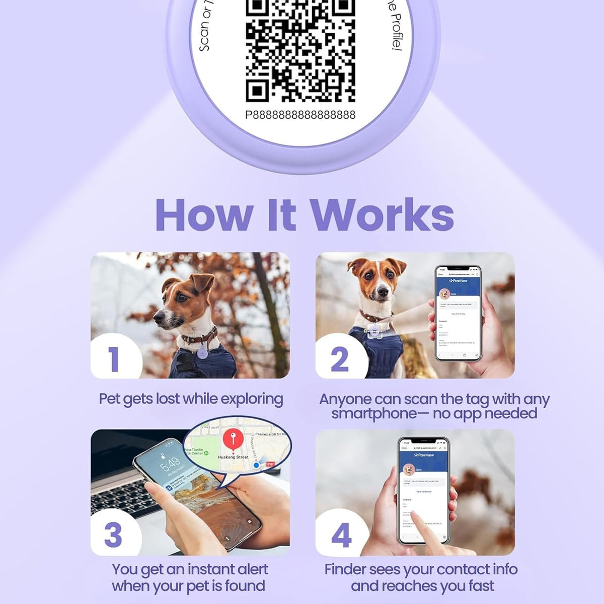 QR & NFC Pet ID Tag, Silent Silicone Dog Name Tag - Purple - image 4