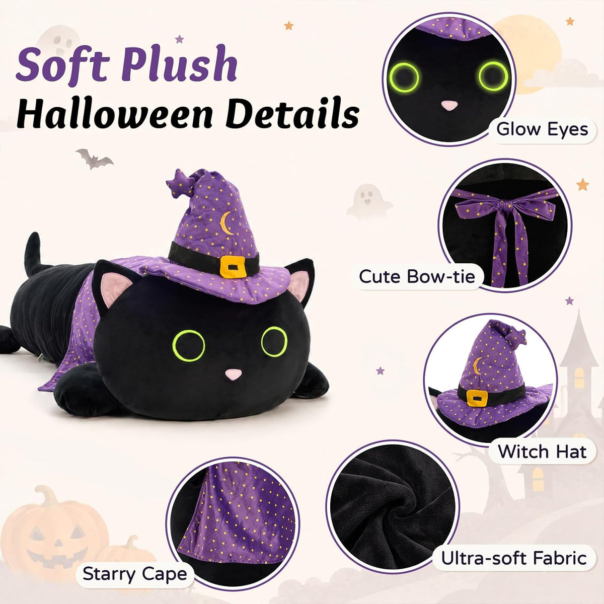 MaoGoLan 44 inch black cat plush body pillow with yellow eyes - view 11