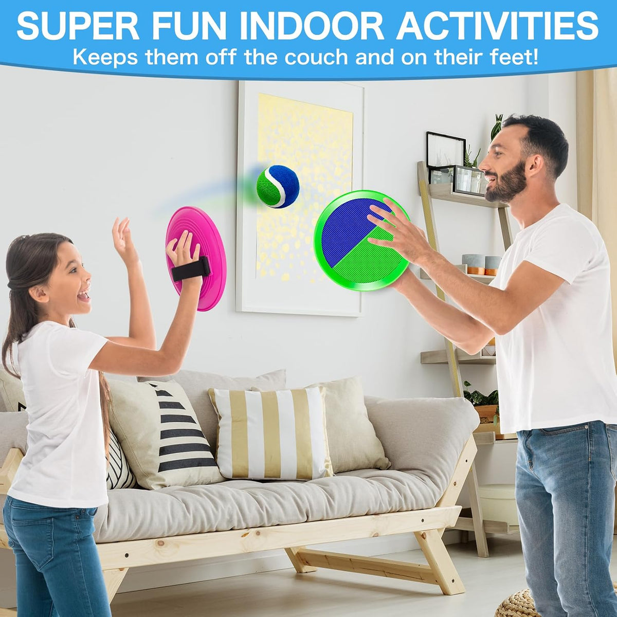 Officygnet ball catch game with pink and green sticky paddles, balls and storage bag - view 8