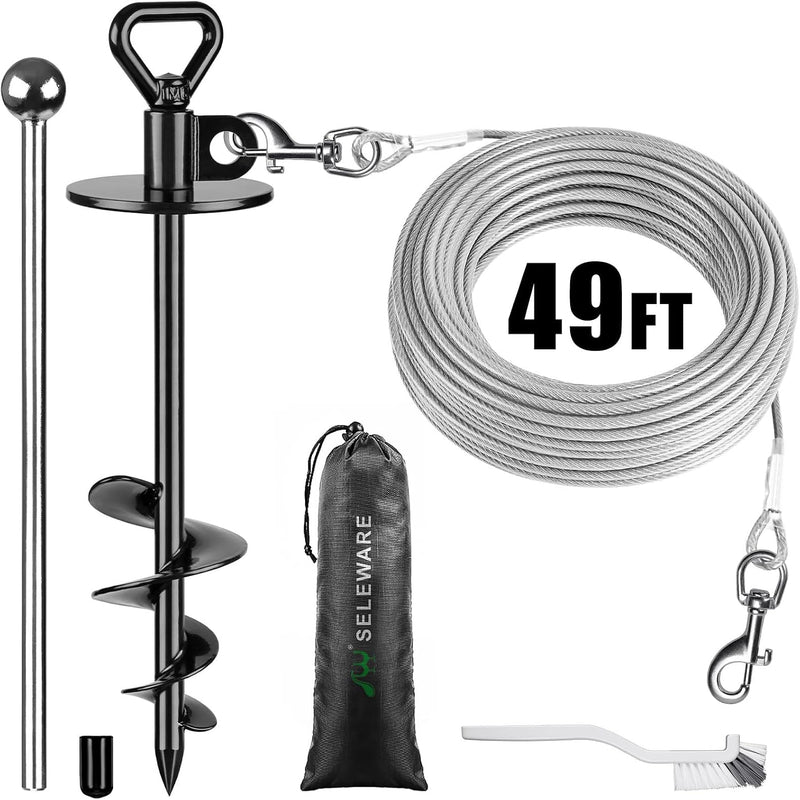 SELEWARE Dog Tie Out Stake 360° Swivel Dog Anchor Outdoor Dog Ground - 50 ft cable + stake / Black-C