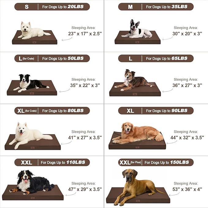Outdoor Waterproof Dog Bed, Large Dog Bed for Large Size Dogs, Orthopedic Egg Foam Pet Bed with Washable and Removable Oxford Cover, Brown